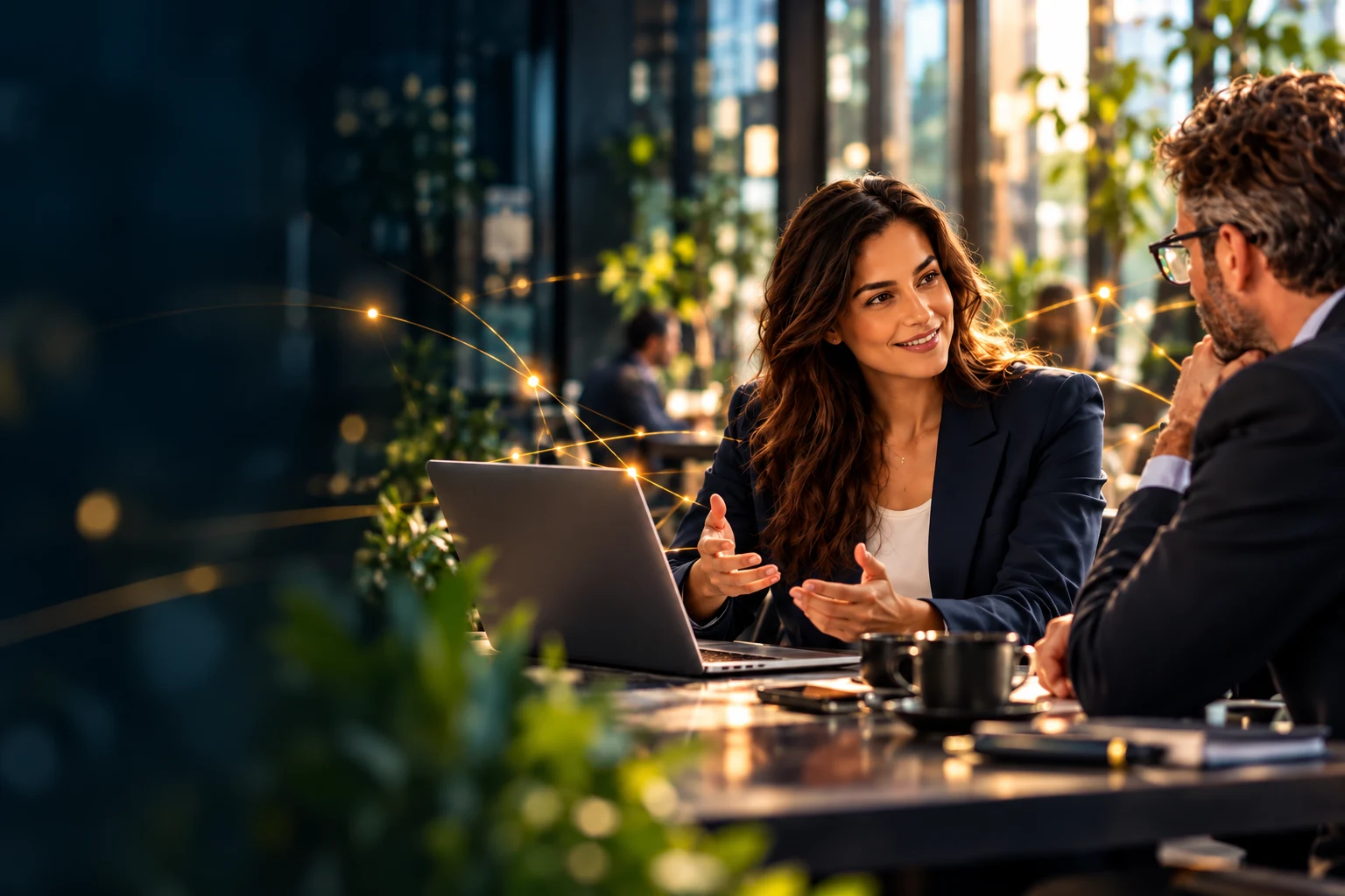 Una professionista presenta un’opportunità a un contatto davanti a un laptop